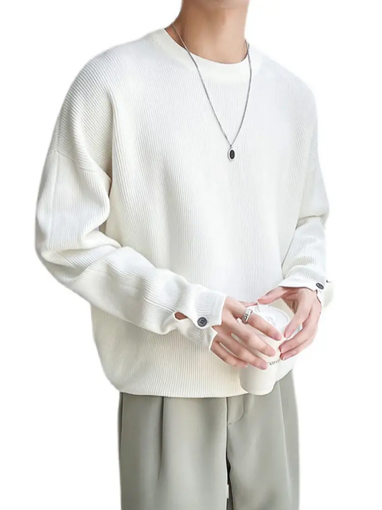 Men's White Knitted Crewneck Sweater with Hand Sleeve Split Button - Image 5