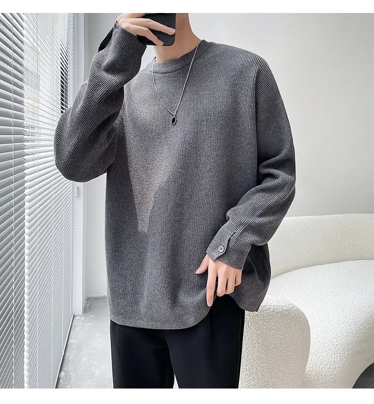 Men's White Knitted Crewneck Sweater with Hand Sleeve Split Button — feature 10