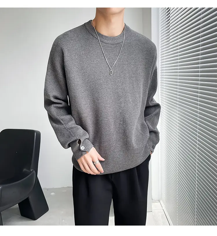 Men's White Knitted Crewneck Sweater with Hand Sleeve Split Button — feature 11
