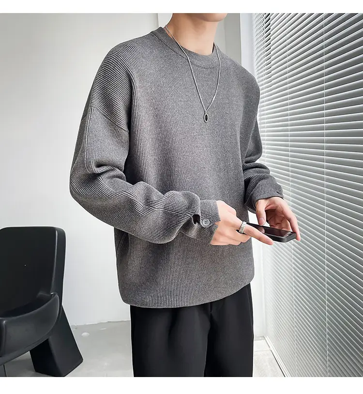 Men's White Knitted Crewneck Sweater with Hand Sleeve Split Button — feature 12