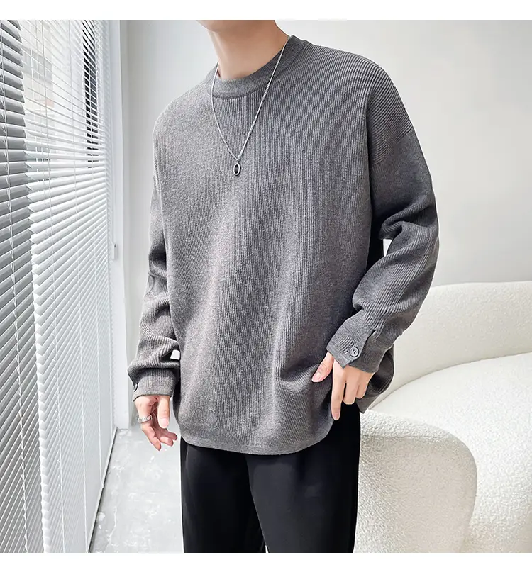 Men's White Knitted Crewneck Sweater with Hand Sleeve Split Button — feature 13