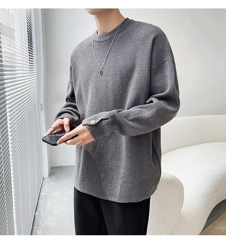 Men's White Knitted Crewneck Sweater with Hand Sleeve Split Button — feature 14