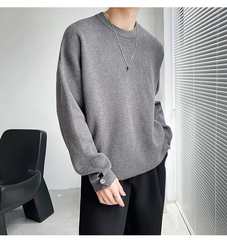 Men's White Knitted Crewneck Sweater with Hand Sleeve Split Button — feature 15