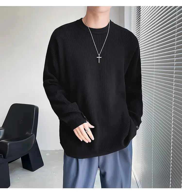 Men's White Knitted Crewneck Sweater with Hand Sleeve Split Button — feature 16