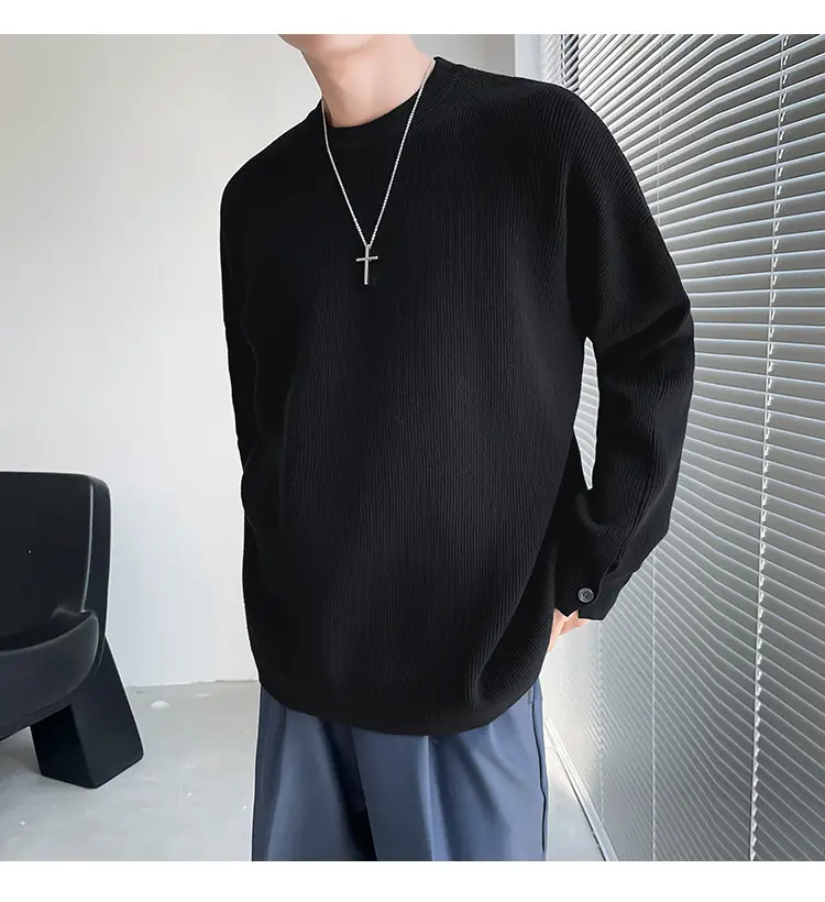 Men's White Knitted Crewneck Sweater with Hand Sleeve Split Button — feature 17