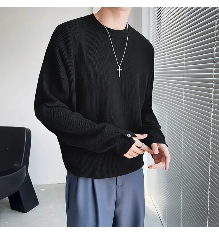 Men's White Knitted Crewneck Sweater with Hand Sleeve Split Button — feature 18