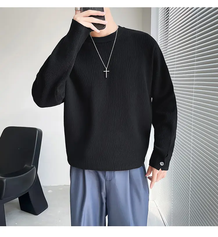Men's White Knitted Crewneck Sweater with Hand Sleeve Split Button — feature 19