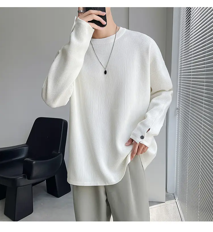 Men's White Knitted Crewneck Sweater with Hand Sleeve Split Button — feature 2