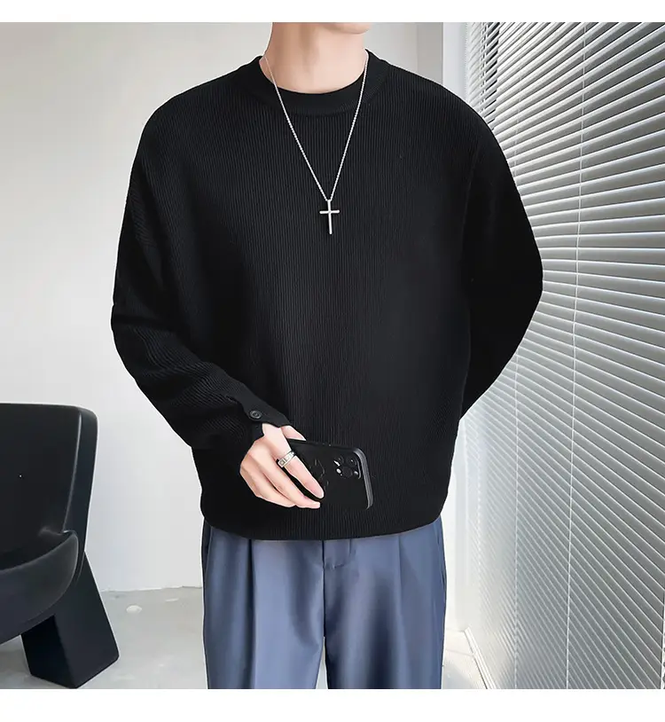 Men's White Knitted Crewneck Sweater with Hand Sleeve Split Button — feature 20