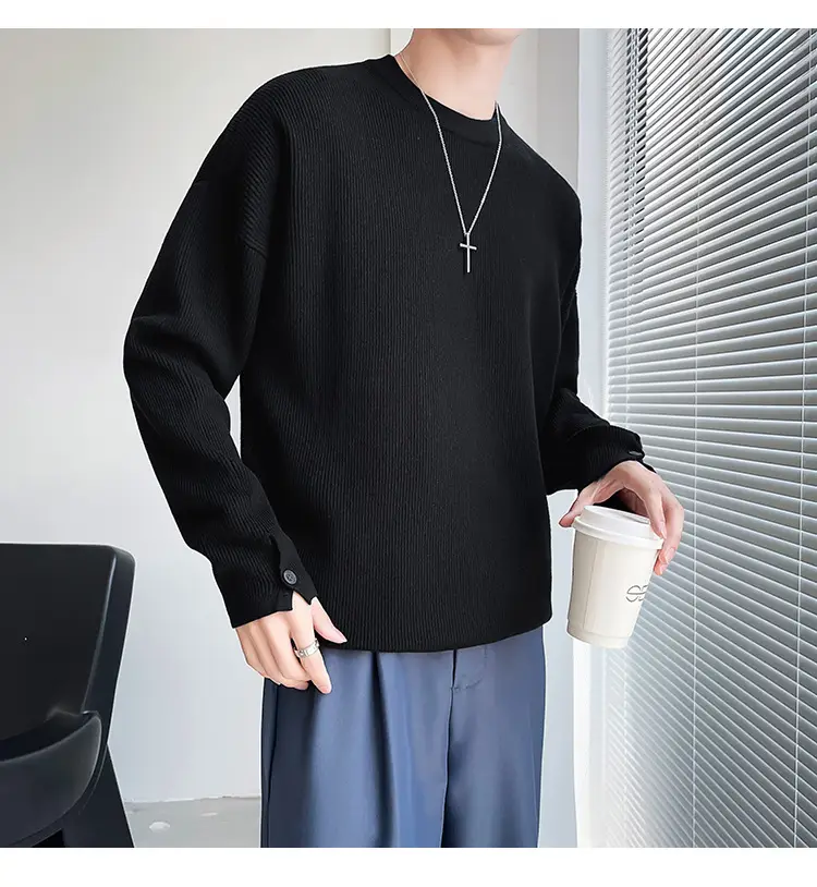 Men's White Knitted Crewneck Sweater with Hand Sleeve Split Button — feature 21