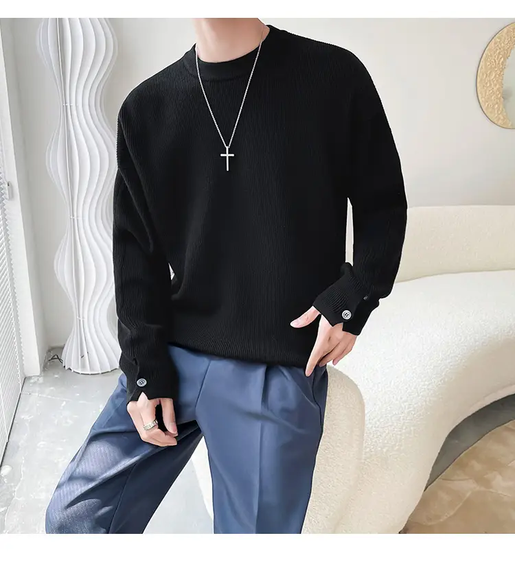 Men's White Knitted Crewneck Sweater with Hand Sleeve Split Button — feature 22