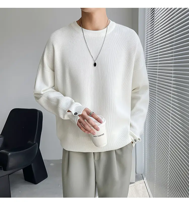 Men's White Knitted Crewneck Sweater with Hand Sleeve Split Button — feature 3