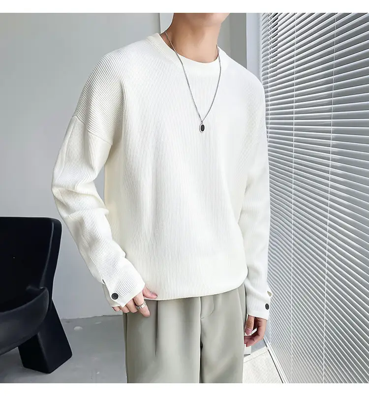 Men's White Knitted Crewneck Sweater with Hand Sleeve Split Button — feature 4