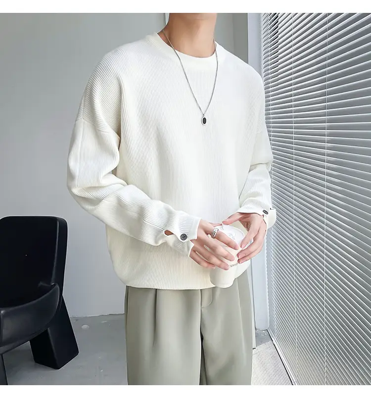 Men's White Knitted Crewneck Sweater with Hand Sleeve Split Button — feature 5