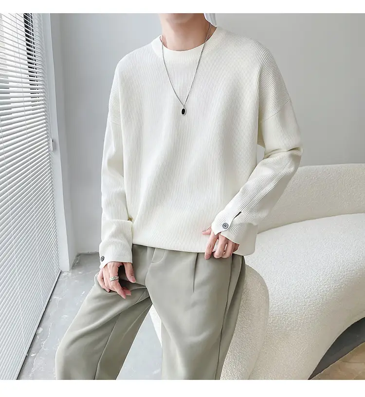 Men's White Knitted Crewneck Sweater with Hand Sleeve Split Button — feature 6