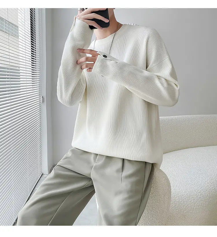 Men's White Knitted Crewneck Sweater with Hand Sleeve Split Button — feature 7