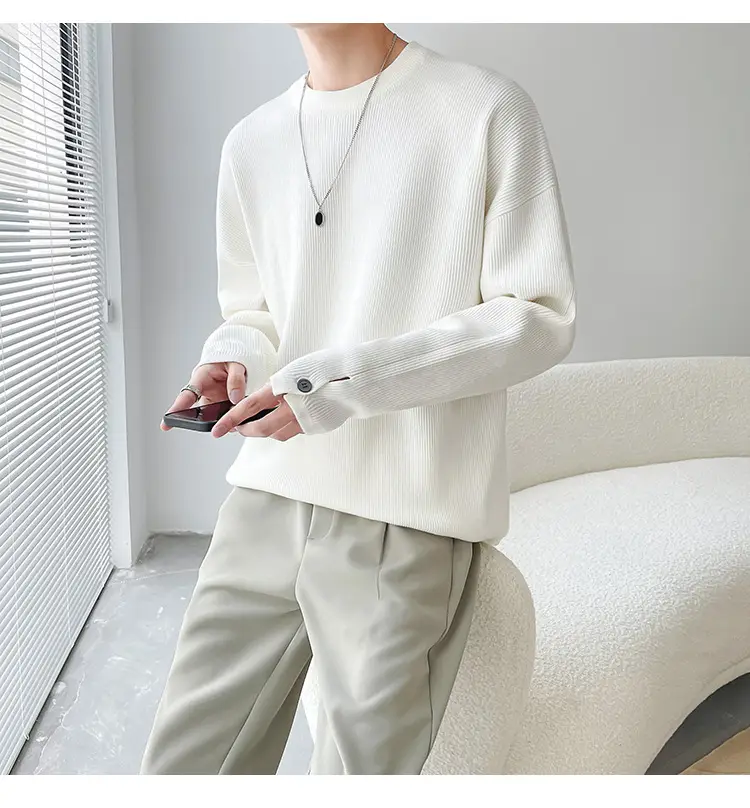 Men's White Knitted Crewneck Sweater with Hand Sleeve Split Button — feature 8