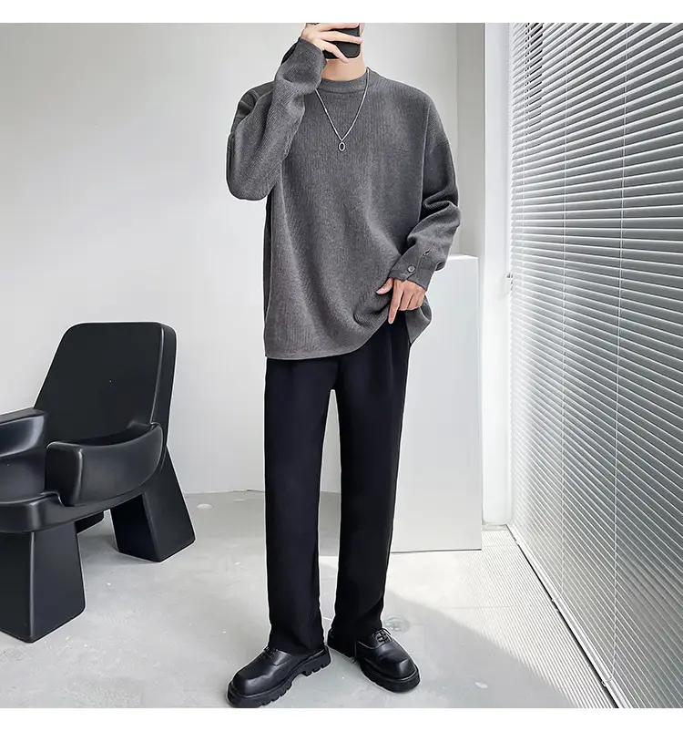 Men's White Knitted Crewneck Sweater with Hand Sleeve Split Button — feature 9