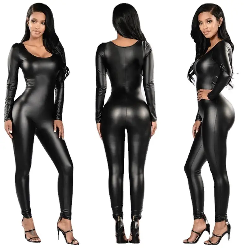 Black Patent Leather Conjoined Body Conjones Suit for Women