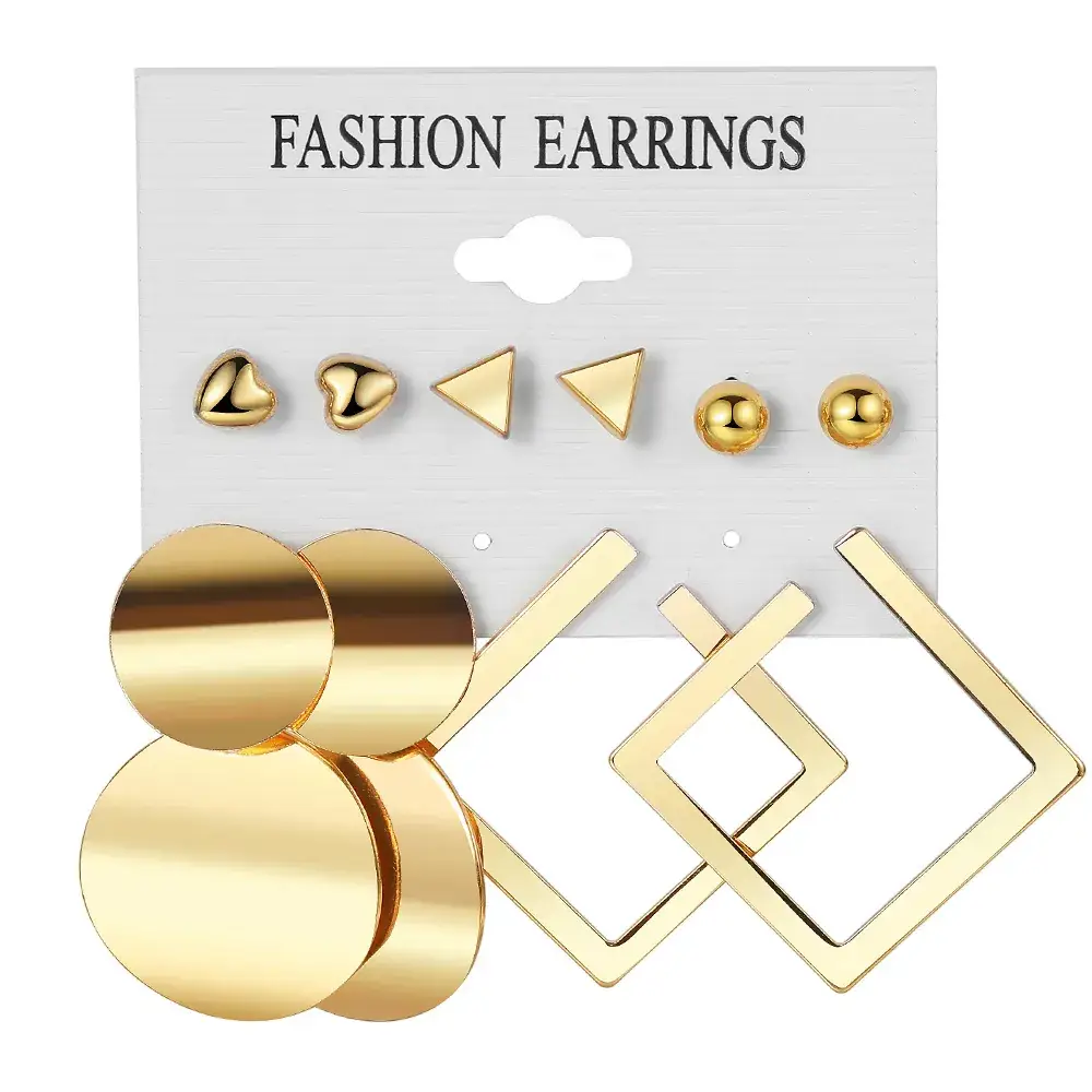 Golden Square Geometric Earrings Set 6-Piece - Image 2