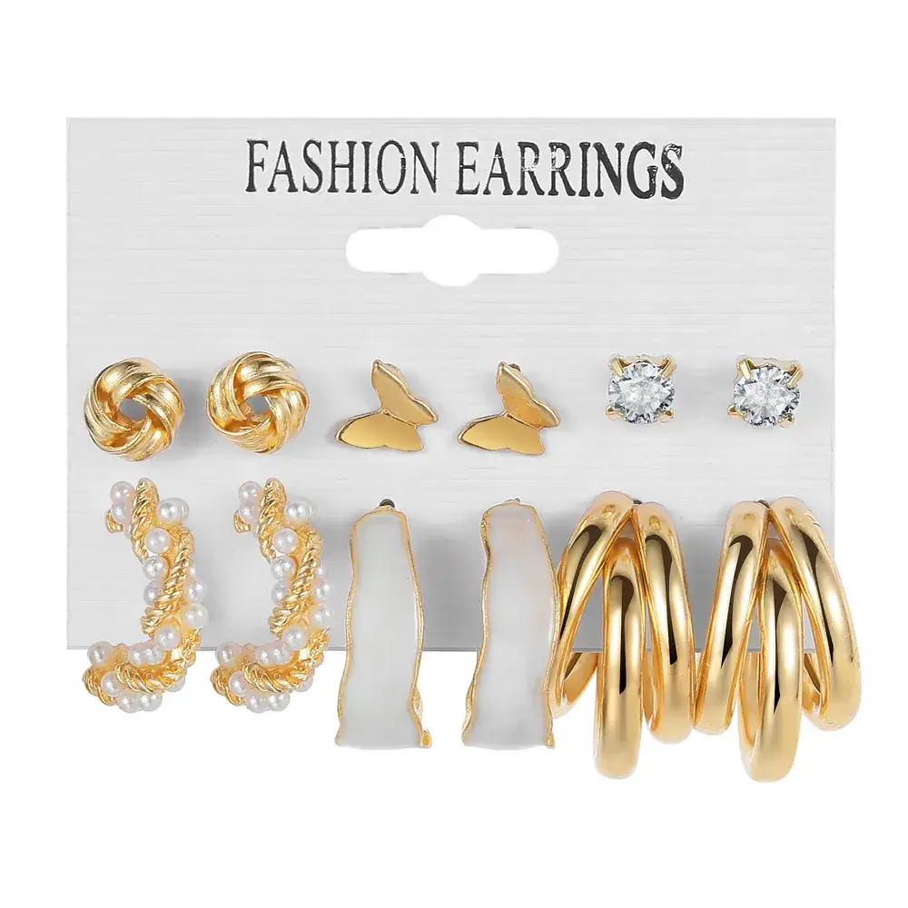 Golden Square Geometric Earrings Set 6-Piece - Image 3