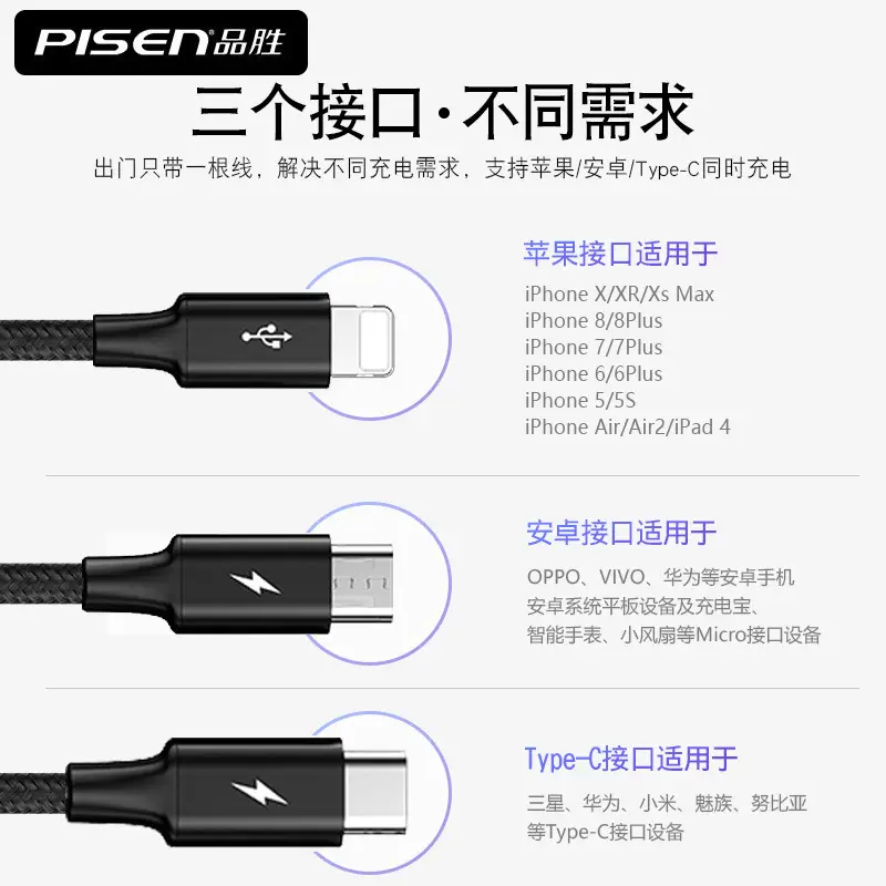 3-in-1 Fast Charging Cable for Apple & Android Type-C