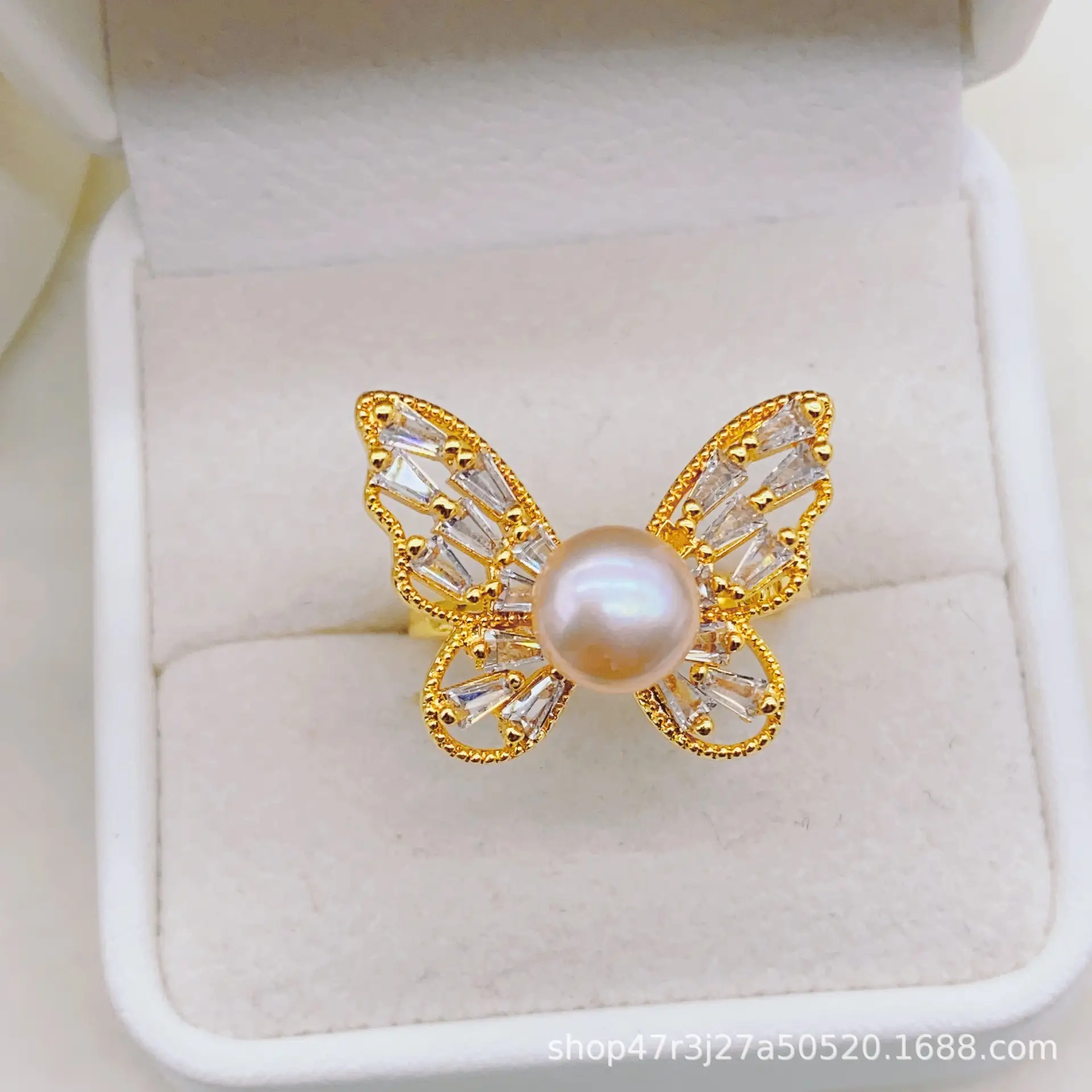 New Freshwater Pearl Butterfly Ring Adjustable Copper Gold Plated - Image 3