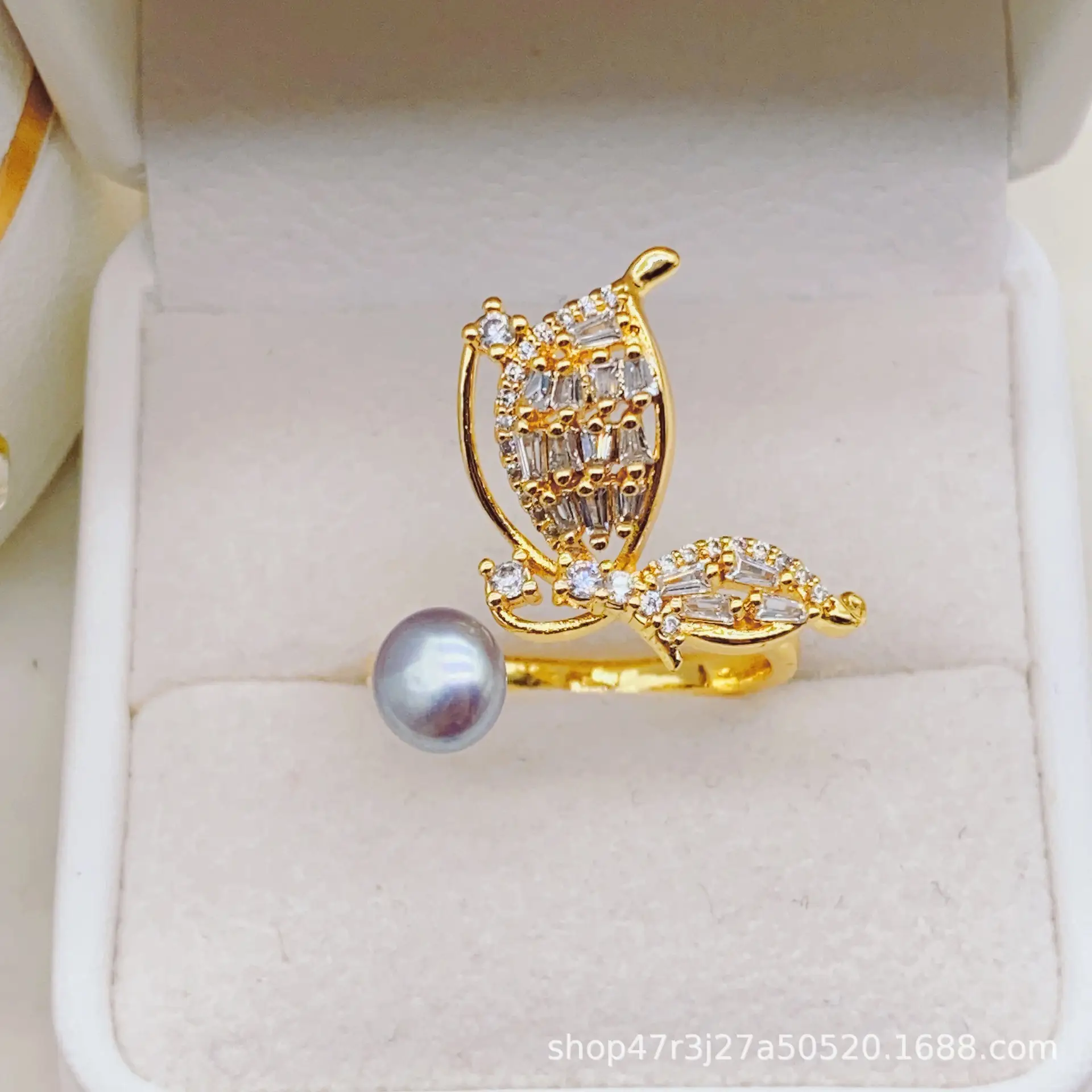 New Freshwater Pearl Butterfly Ring Adjustable Copper Gold Plated — feature 19