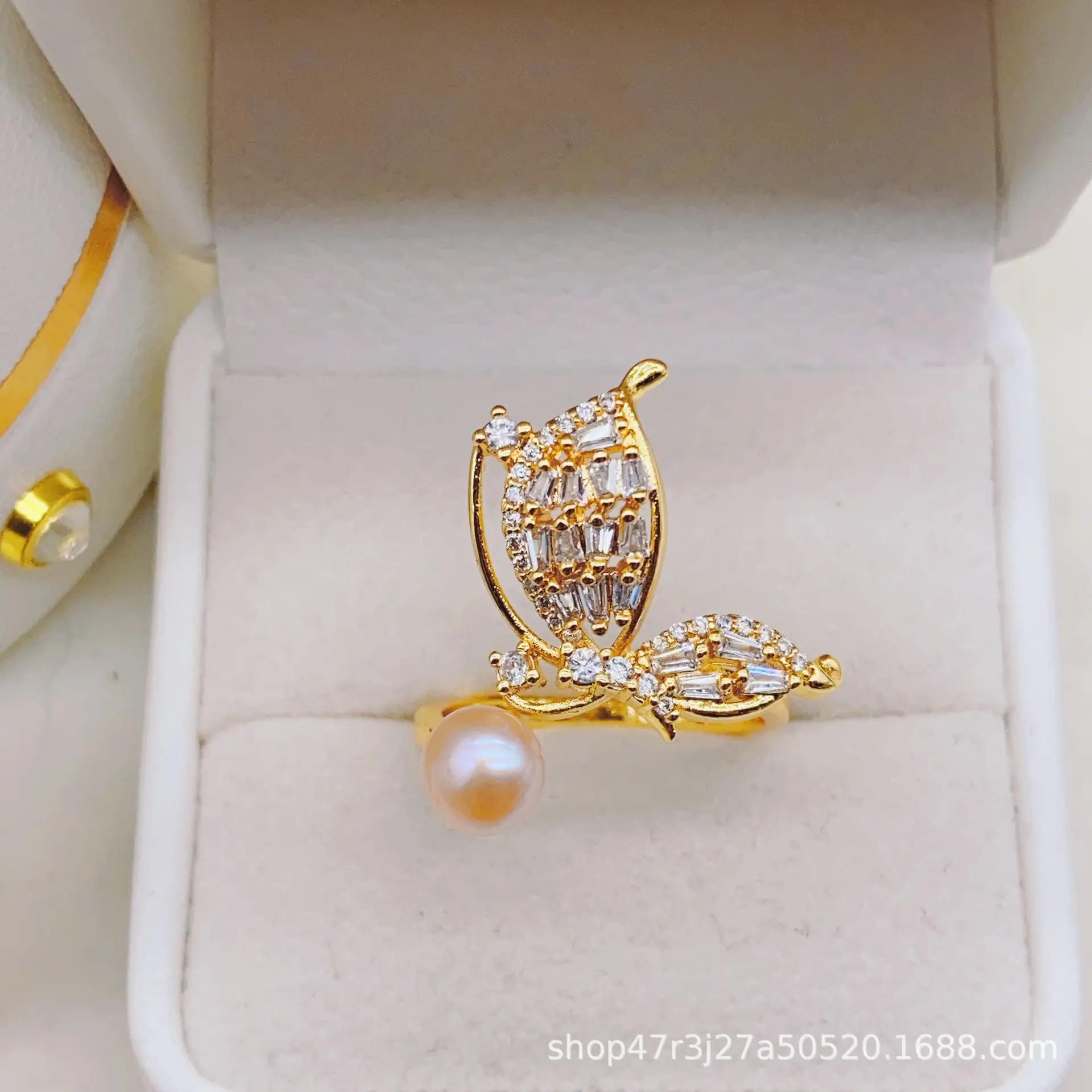 New Freshwater Pearl Butterfly Ring Adjustable Copper Gold Plated — feature 20