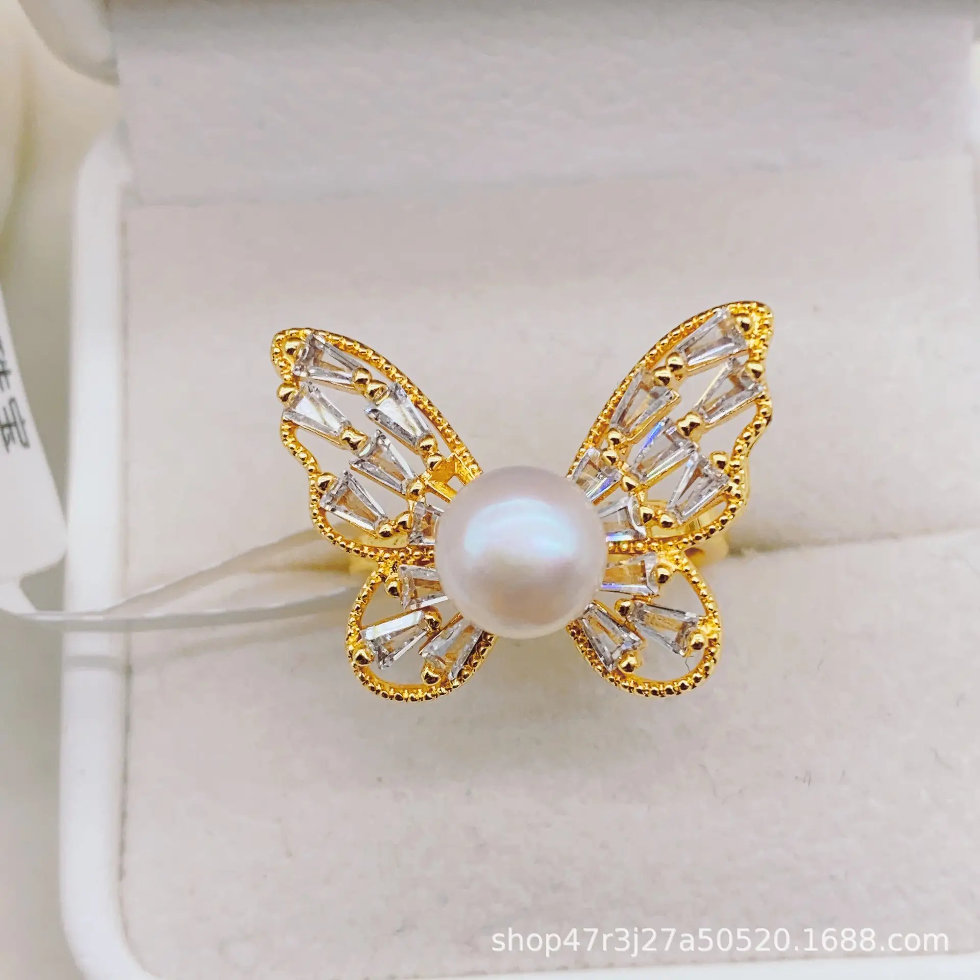 New Freshwater Pearl Butterfly Ring Adjustable Copper Gold Plated - Image 2
