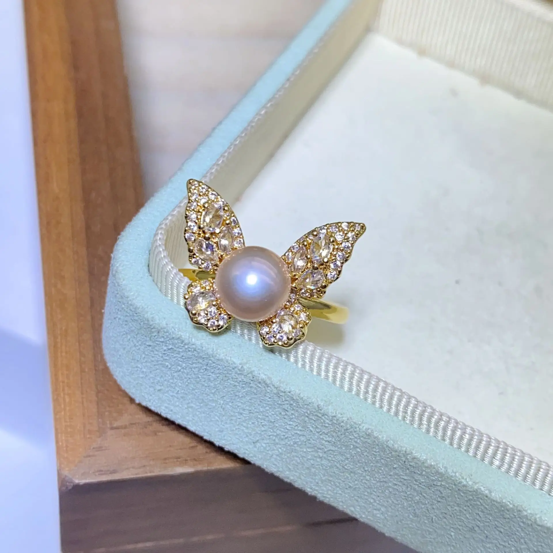 New Freshwater Pearl Butterfly Ring Adjustable Copper Gold Plated - Image 18