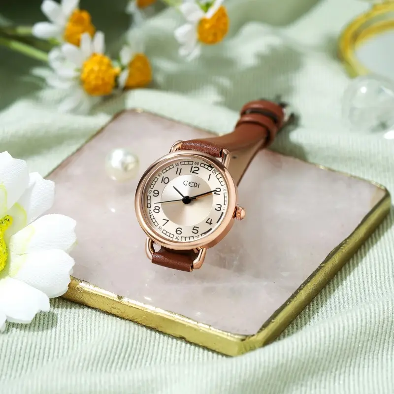 Women's Gold Leather Belt Quartz Watch with Rose Gold Dial - Image 5