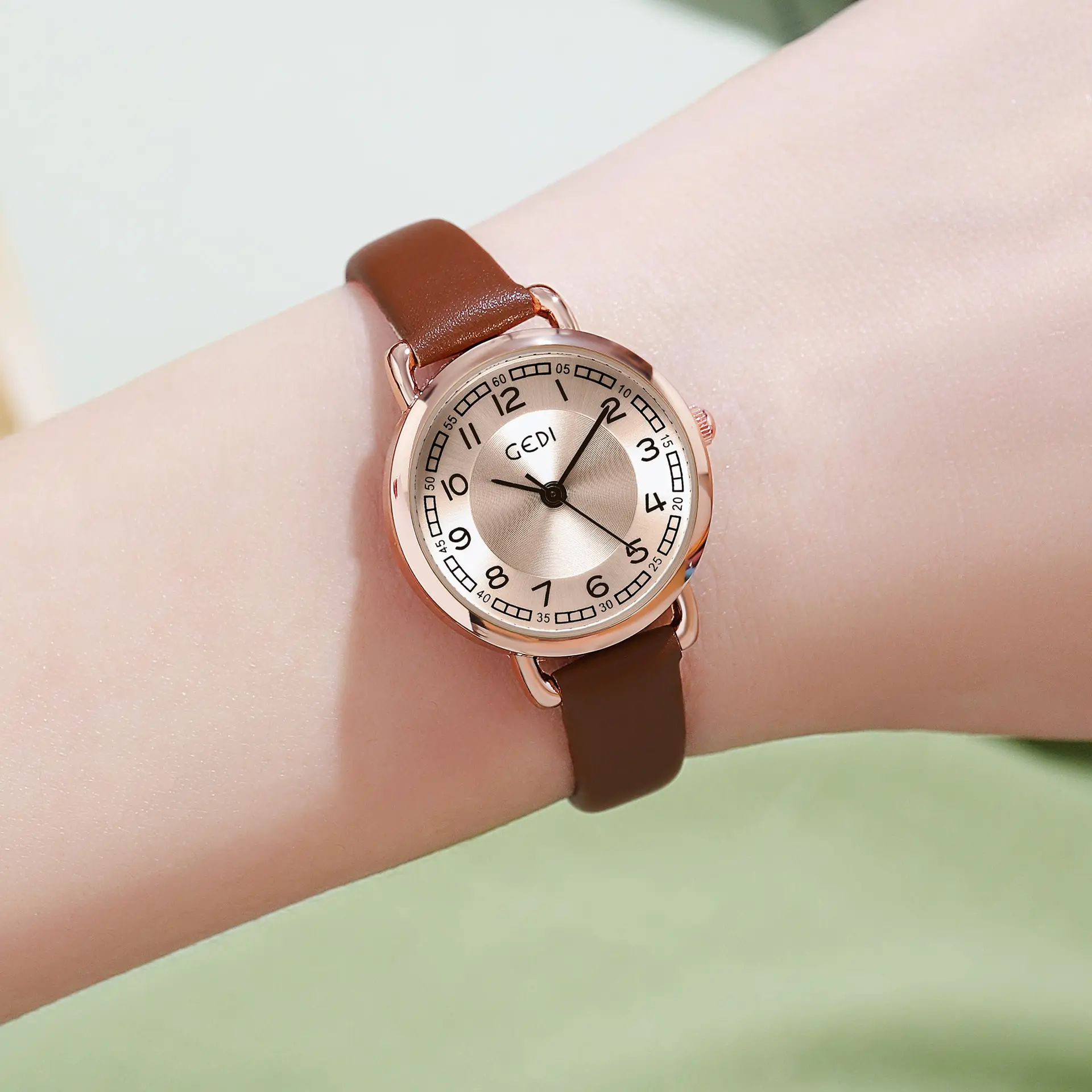 Women's Gold Leather Belt Quartz Watch with Rose Gold Dial - Image 6