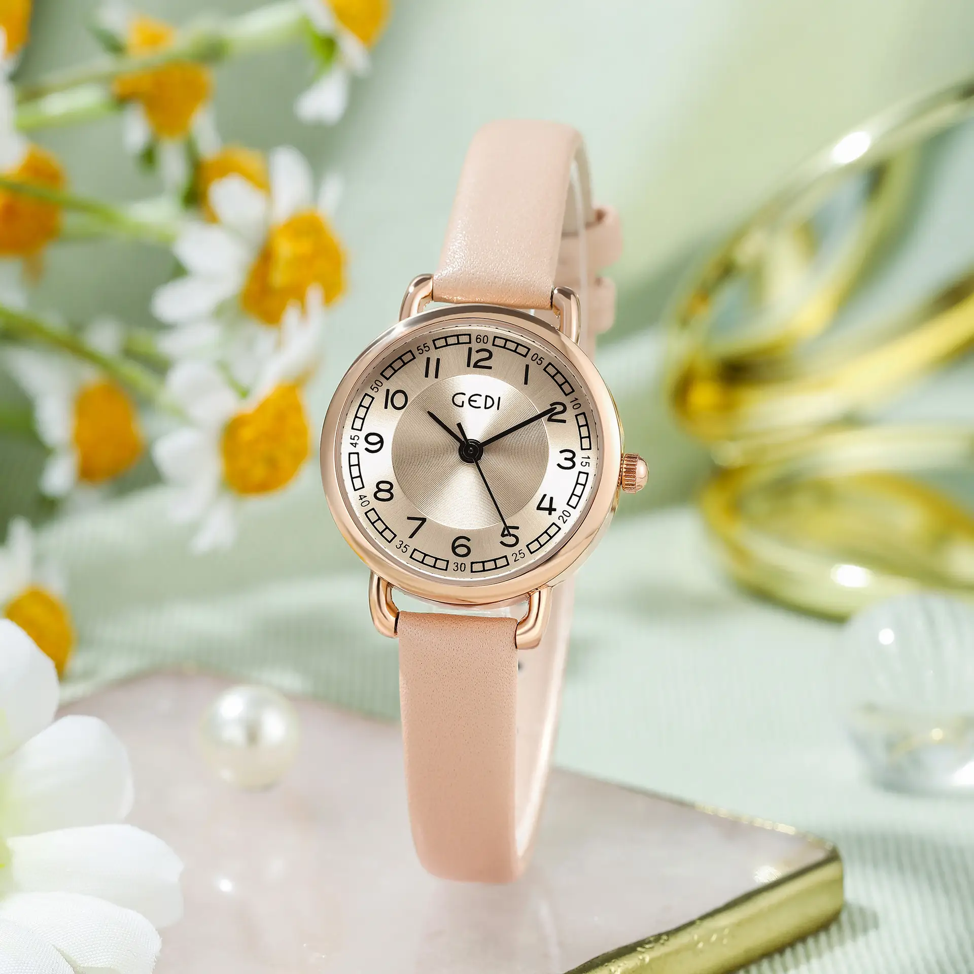 Women's Gold Leather Belt Quartz Watch with Rose Gold Dial - Image 7