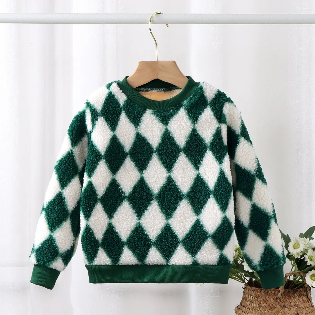 Children's Green Diamond Velvet Sweatshirt Autumn Winter Boys Girls - Image 3