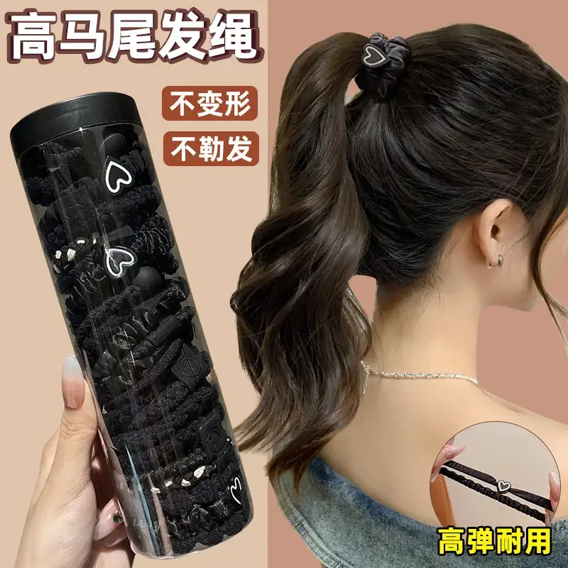 Black Rubber Band Hair Tie for Girls, 20 Pcs, High Ponytail, Leather Case - Image 27