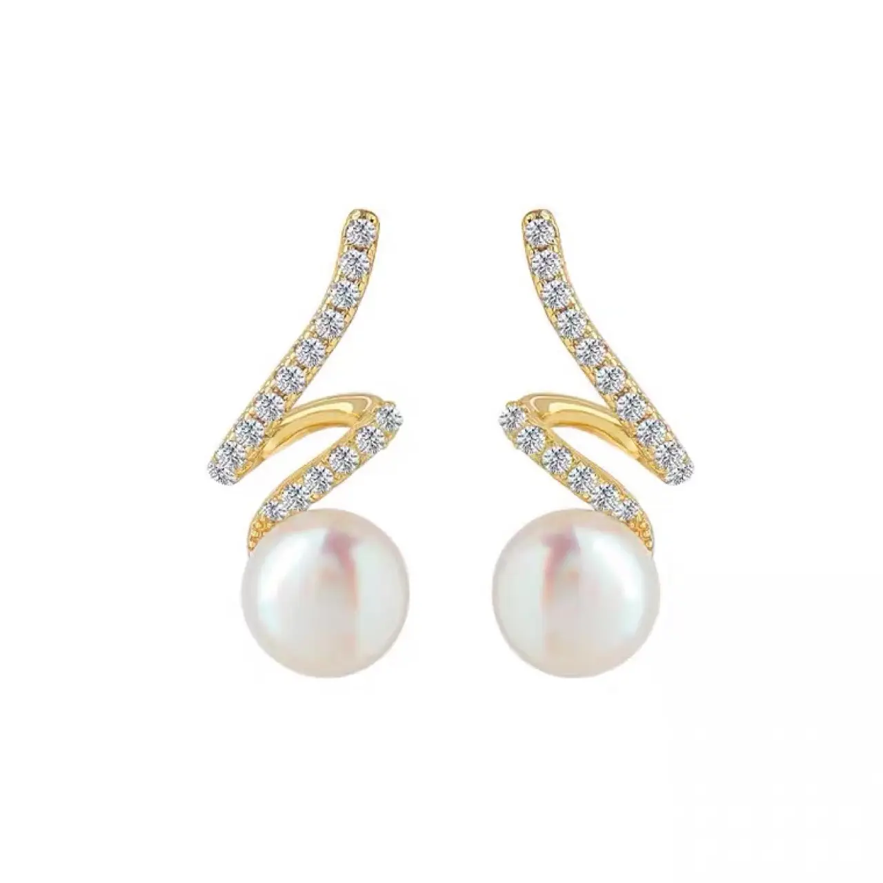 French Style Pearl Earrings Gold Plated Zircon Light