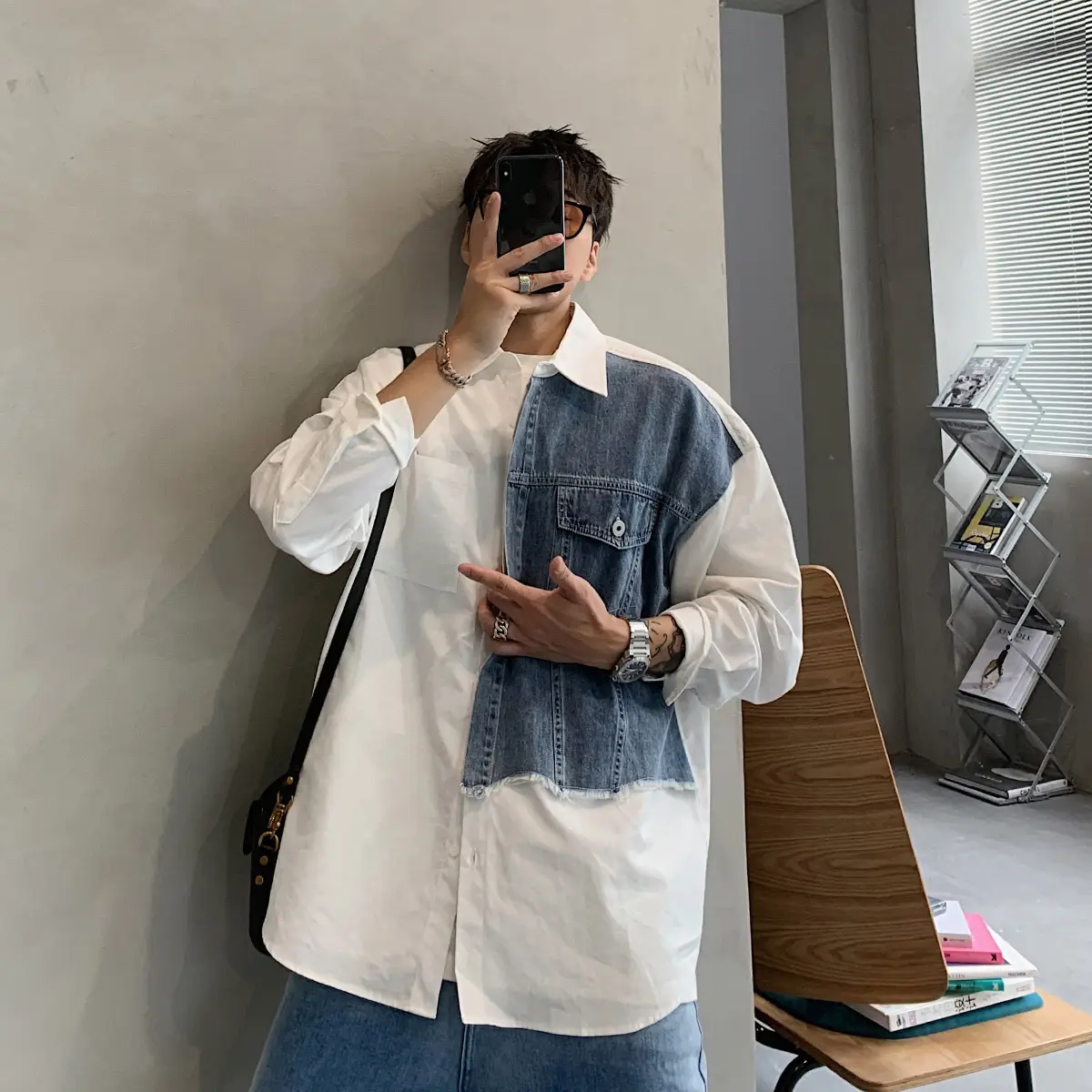 Men's 2022 Distinctive Long Sleeve Shirt with Denim Patch