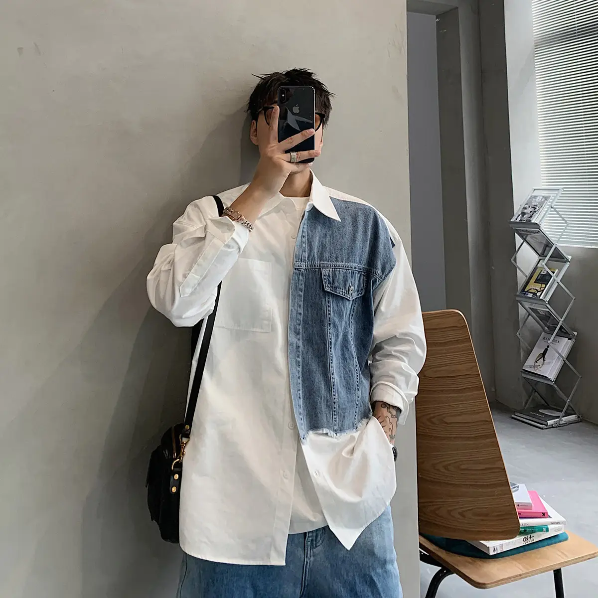 Men's 2022 Distinctive Long Sleeve Shirt with Denim Patch