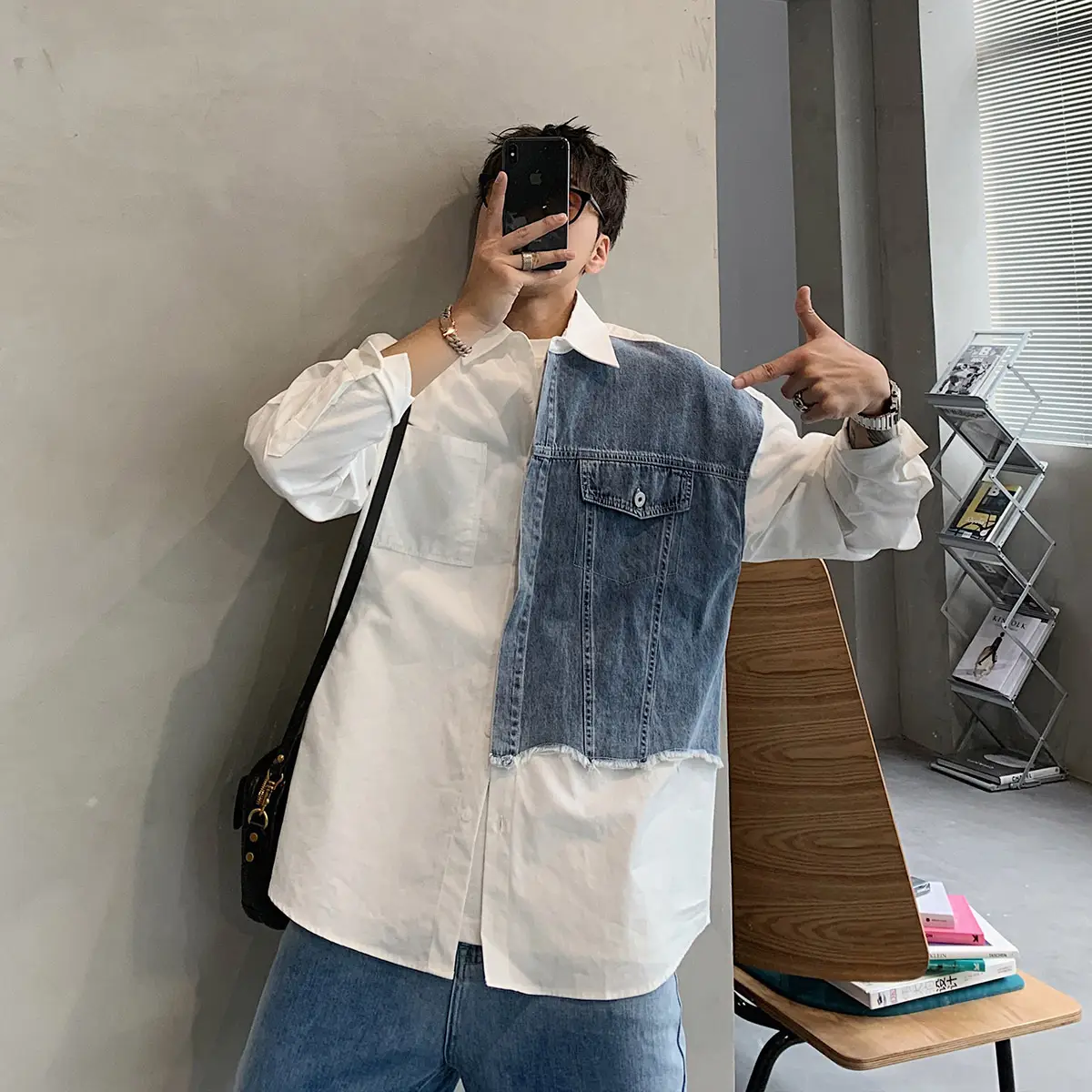 Men's 2022 Distinctive Long Sleeve Shirt with Denim Patch