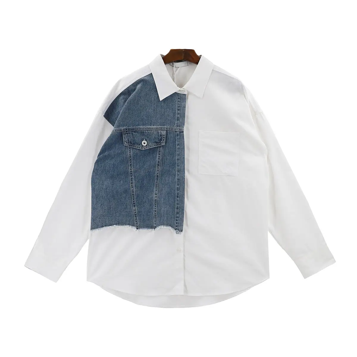 Men's 2022 Distinctive Long Sleeve Shirt with Denim Patch