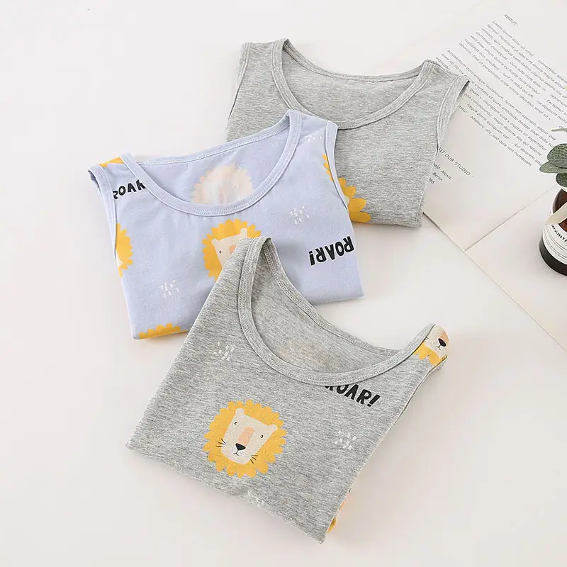 Children's Cotton Lion Print Vest Set Grey Blue - Image 3