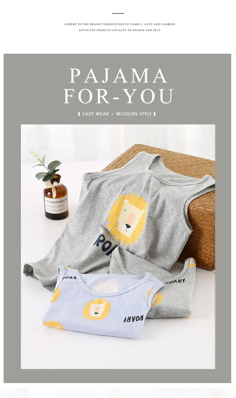 Children's Cotton Lion Print Vest Set Grey Blue — feature 5