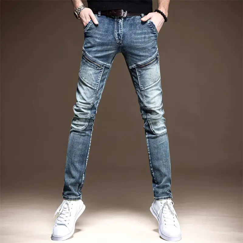 Men Slim Fit Biker Jeans Skinny White Sneakers
