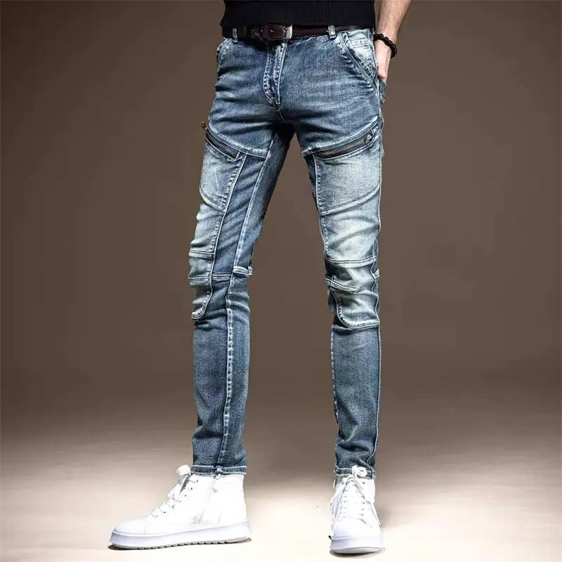 Men Slim Fit Biker Jeans Skinny White Sneakers