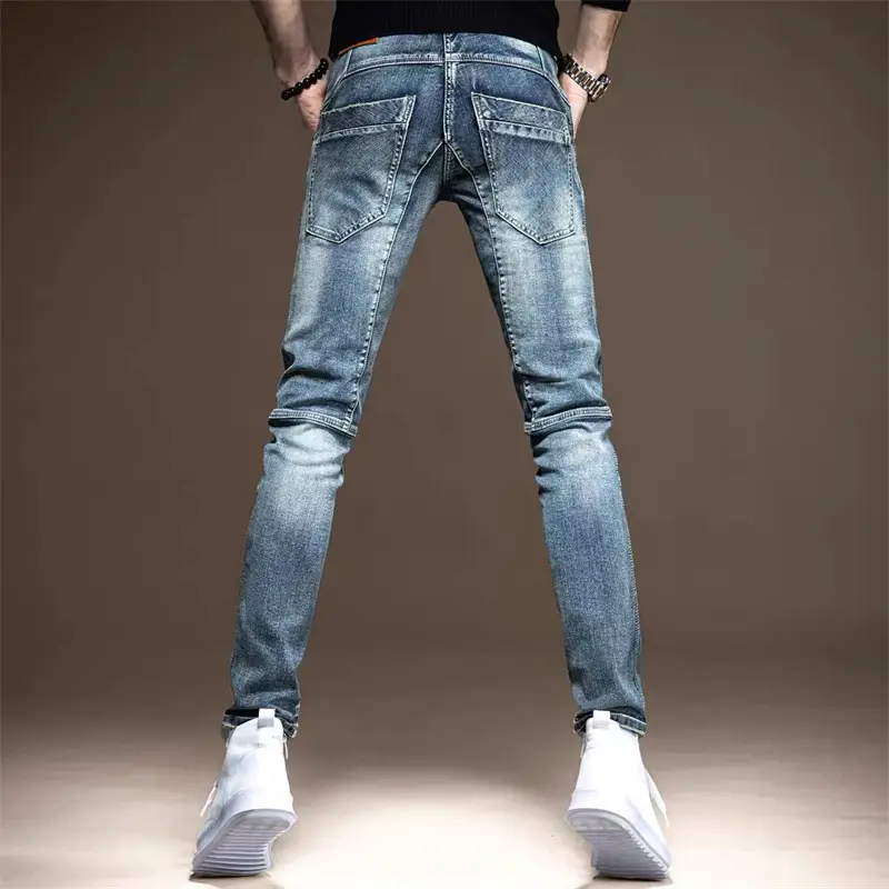 Men Slim Fit Biker Jeans Skinny White Sneakers