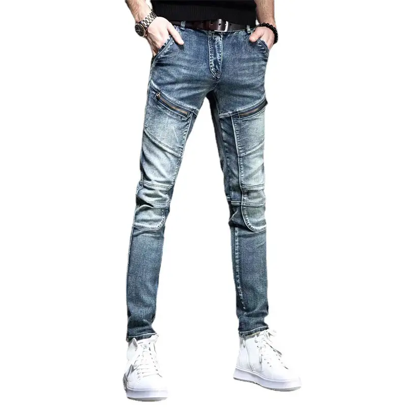 Men Slim Fit Biker Jeans Skinny White Sneakers