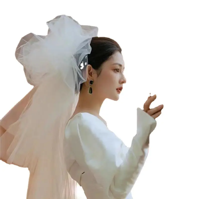 White Puffy Cloud Bubble Wedding Veil with Makeup - Image 6