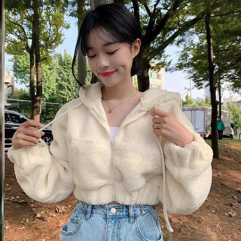 Women's Lamb Suede Hooded Zipper Jacket Cream - Image 4
