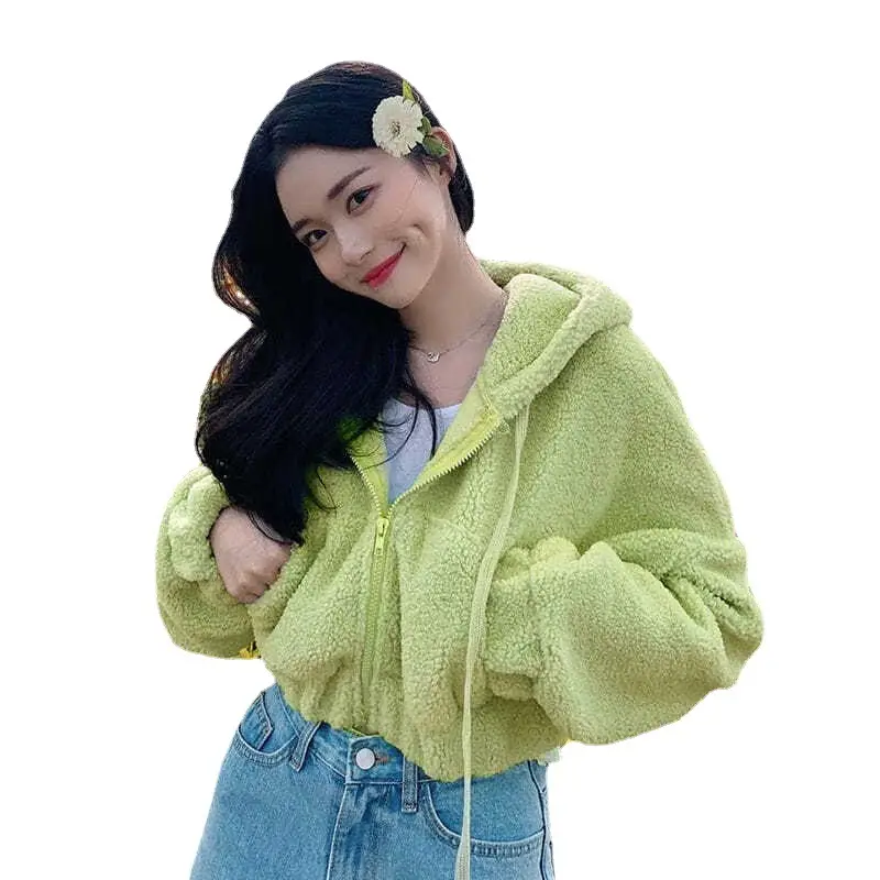 Women's Lamb Suede Hooded Zipper Jacket Cream - Image 5
